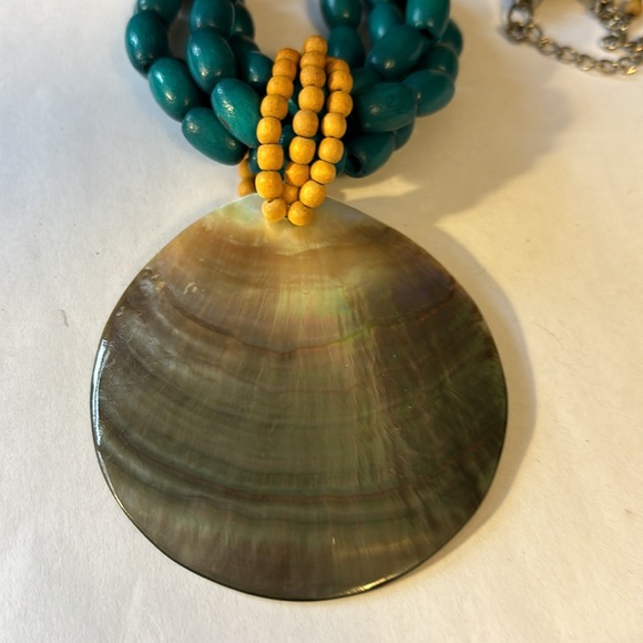 Boho Necklace with large Abalone shell wood beads multi strand design 24”. - Picture 2 of 4